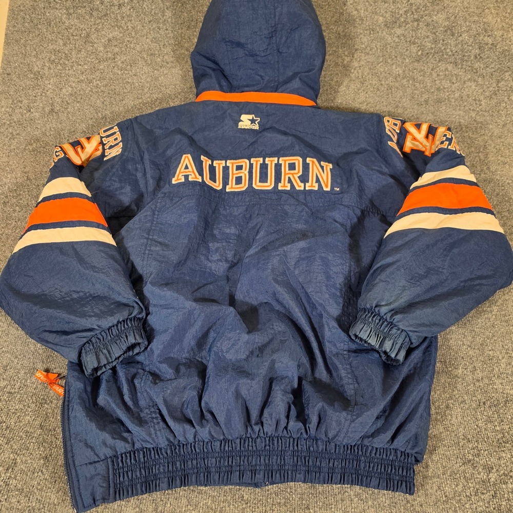 Vintage Starter Auburn Tigers Puffer Jacket Mens Large Navy Blue Hooded Flawed